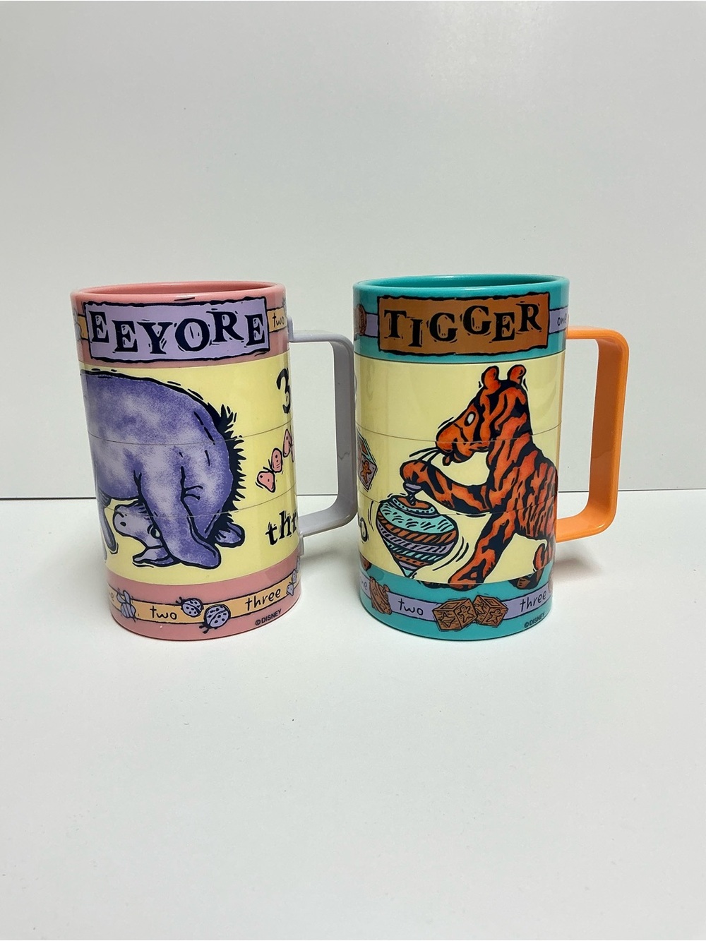 Disney Winnie the Pooh Eeyore & Tigger Vintage Plastic Swivel Puzzle Mugs